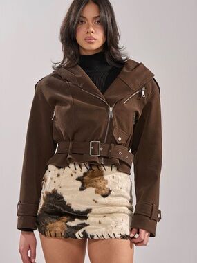 AKIRA Dark Brown Cropped Belted Bomber Jacket